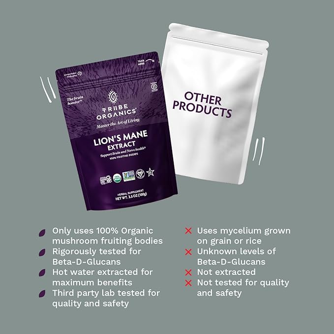 TRIBE ORGANICS Lion’s Mane Powder - Organic Mushroom Extract Powder - Immune System Booster & Brain Nootropic for Focus and Memory - Natural Energy and Immunity - 100g Pouch - 100 Servings