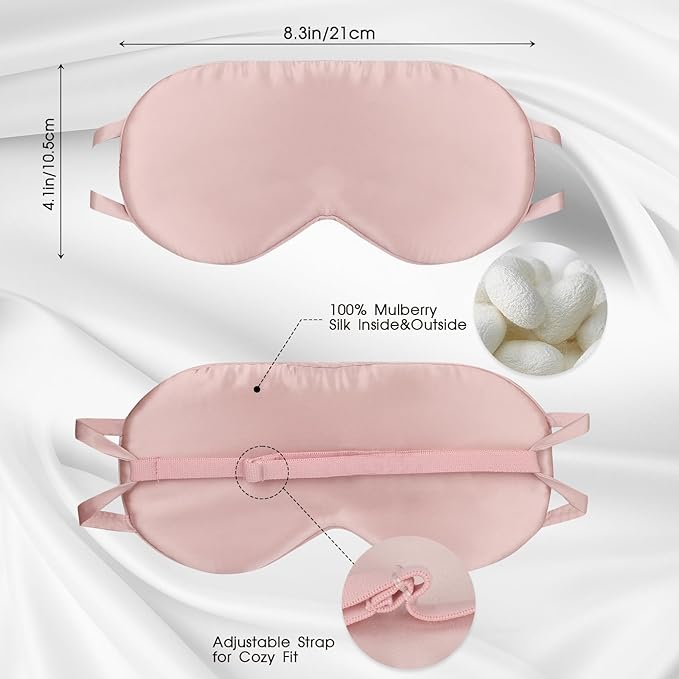Silk Eye Mask for Sleeping with Adjustable Strap for Women/Men/Adults Blackout Pure Mulberry Silk Sleep Mask for Side Sleeper/Travel/Flight,Pink