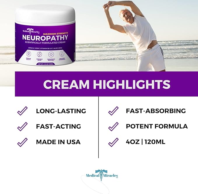 Medical Miracles Neuropathy Nerve Therapy Max-Potency Relief Cream for Feet, Hands, Legs, and Toes - Enriched with Arnica, Vitamin B6, Aloe Vera, MSM - Expertly Crafted for Exceptional Relief 4oz