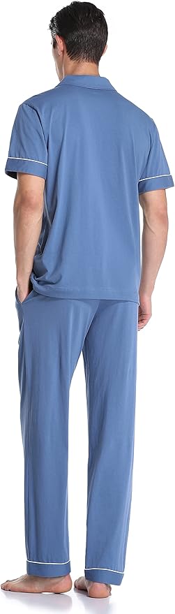 COLORFULLEAF Men's 100% Cotton Pajamas Set Button Down Sleepwear Short Sleeve and Long Pants Pjs