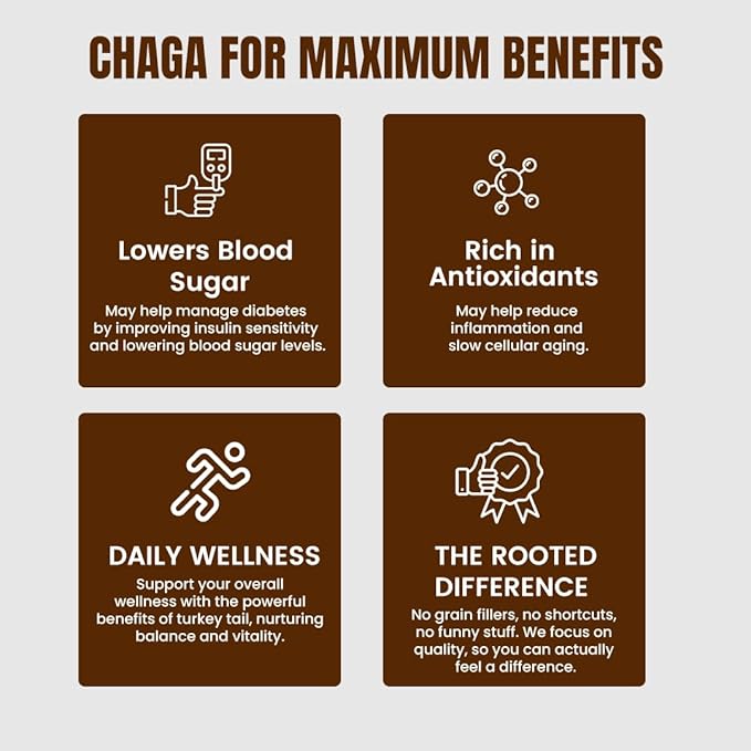 ROOTED Actives, Siberian Chaga Mushroom Extract, Certified Organic| 35% Beta Glucans - Lab Verified | Antioxidant & Vitality Support (60 Veg Caps)