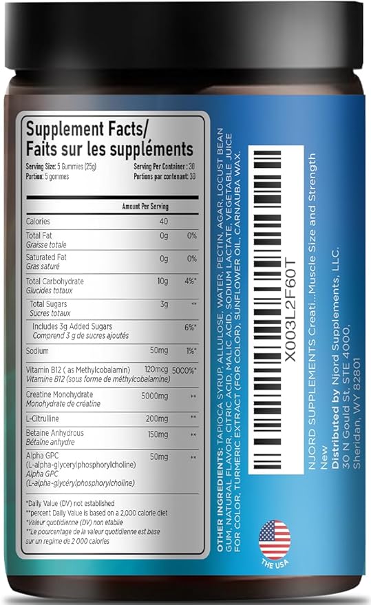 Creatine Monohydrate Gummy Candy, Low Sugar, 30 Servings, 5g of Creatine Per Serving, Vegan, Gluten-Free, Bodybuilding Recovery Supplement to Increase Muscle Size and Strength