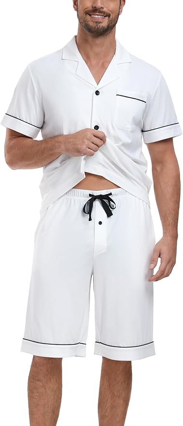 COLORFULLEAF Men's 100% Cotton Short Sleeve Pajama Sets Button Down Notched Collar Sleepwear Soft Lounge Pjs with Pockets