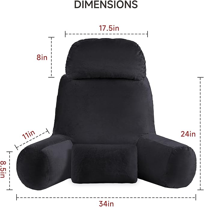 NOONTIDE Reading Pillow for Sitting up in Bed and Couch,32" X-Large Back Pillow for Adult & Teens with Soft Adjustable Neck Roll Backrest Pillow,Washable Cover,Watching TV/Gaming/Relaxing(Black)