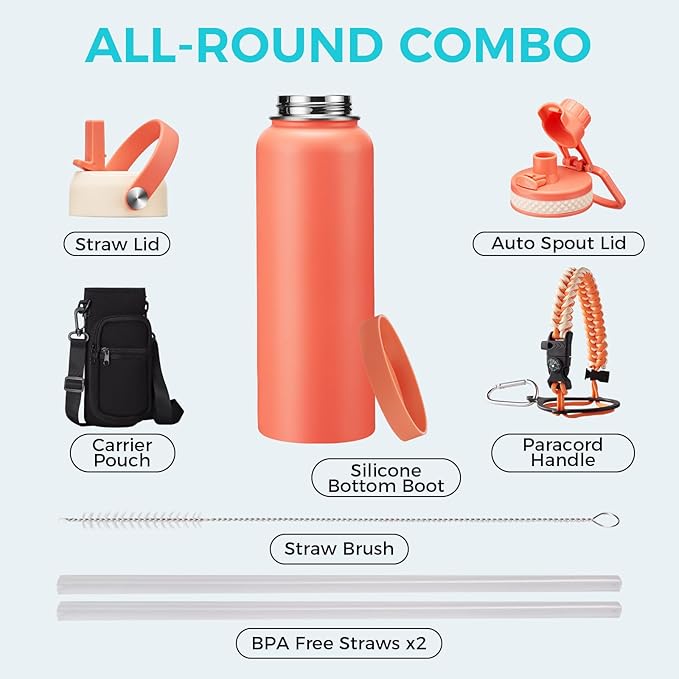 40 oz Insulated Water Bottle - (Cold 48H) Metal Water Jug with Straw & Auto Spout Lids, Leak Proof Coldest Stainless Steel Flask with Carrying Pouch, Paracord Handle for Gym Hiking Work, Coral Orange