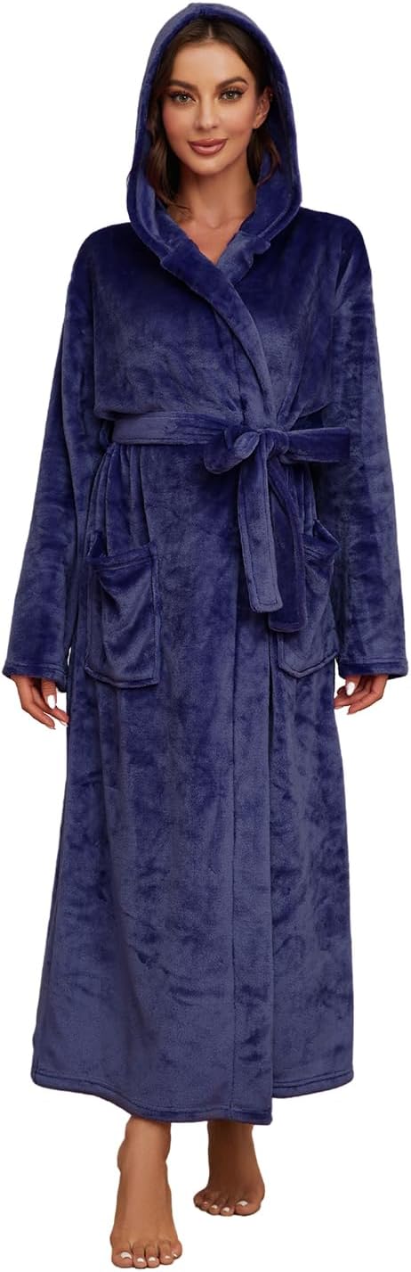 HEARTNICE Womens Long Hooded Robe, Soft Warm Fleece Bathrobes Full Length Plush House Coat