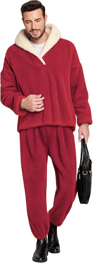 Peaceglad Mens Fluffy Coral Fleece Pajamas Set Pullover Pants Loose Plush Warm Loungewear Sleepwear