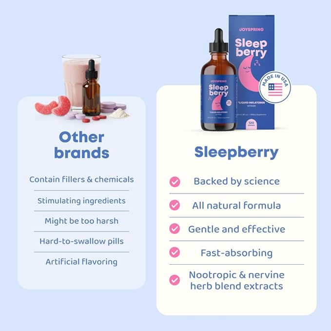 JoySpring SleepBerry - Kids Melatonin Liquid - 3MG Melatonin with D3 and Elderberry - Sugar-Free Liquid for Kids & Teens – Gentle Natural Sleep Support Formula (4 fl oz)