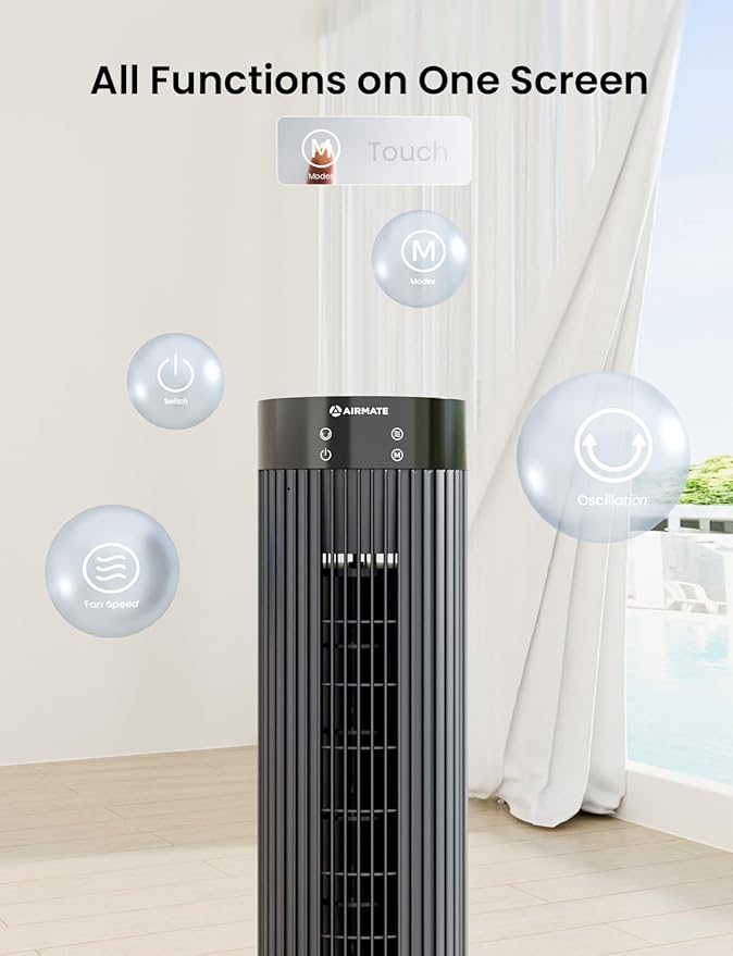 AIRMATE Super High Air Volume Tower Fan, 43" Height, 36 ft/s Velocity, 12 Speeds, 3 Mode, 12H Timer, Remote & Digital Display, 75° Oscillating Standing Fan with Upgraded Blower for Home & Office, Grey