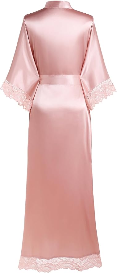 BABEYOND Satin Kimono Robe Silky Long Bridesmaid Wedding Lightweight Bath Robe with Lace Trim