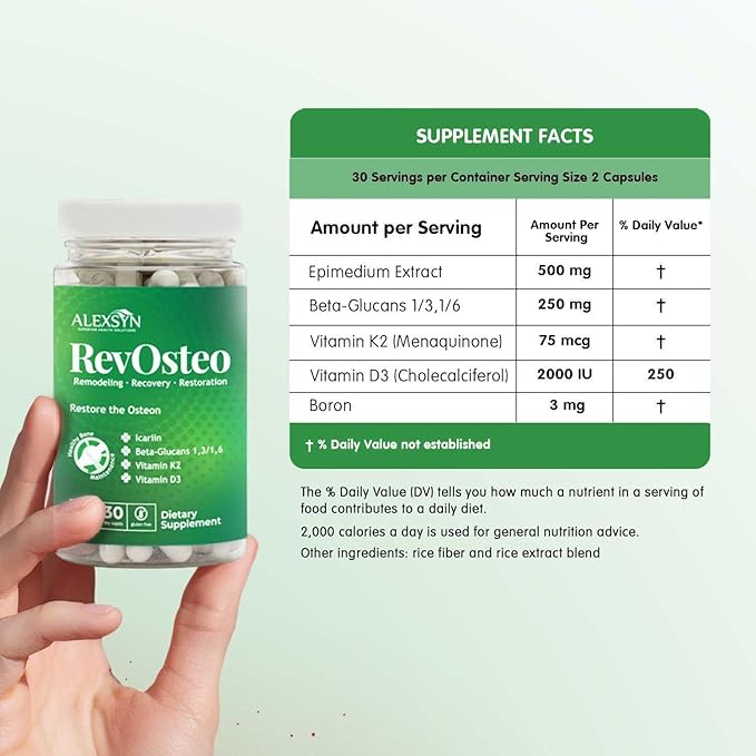 RevOsteo Bone & Metabolic Support – Advanced Bone Nutrition with Icariins, Vitamin K2, D3, Boron & Beta-Glucans – Vegan, Gluten-Free, Made in USA – 60 Capsules, 30-Day Supply