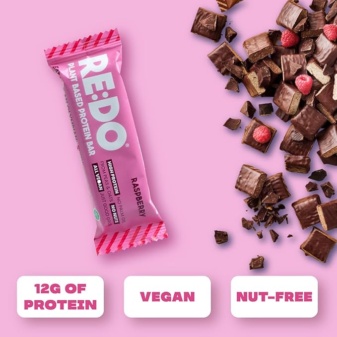Re:Do Plant-Based Raspberry Protein Bars (9 Bars) 12g Vegan Protein, Dairy & Nut Free, No Palm Oil