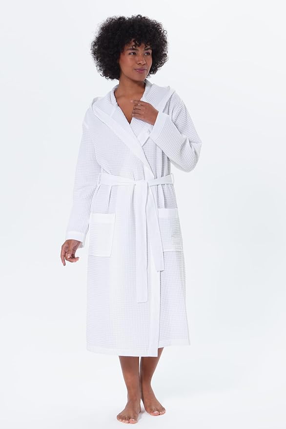 SEYANTE Women’s Luxury Waffle Shawl Collar, Hooded Robe w Piping – Lightweight, Long, Ultra Soft Spa Sleepwear Bathrobe