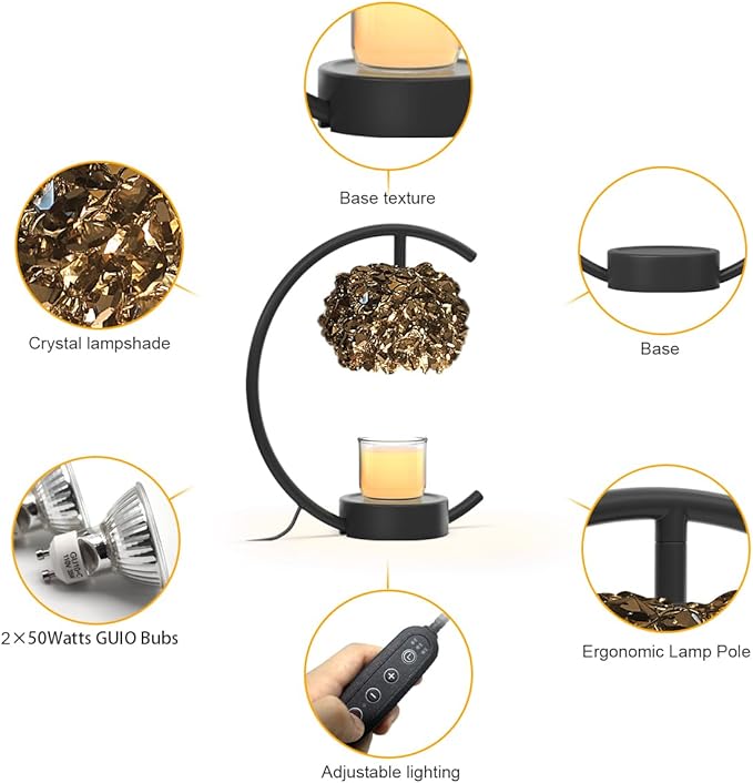 Candle Warmer Lamp for Jar Candles with Adjustable Brightness&Timer,Handcrafted Crystal Candle Lamp Luxurious Design+2Bulbs,Home Decoration Electric Candle Lamp(Black C-Shaped)