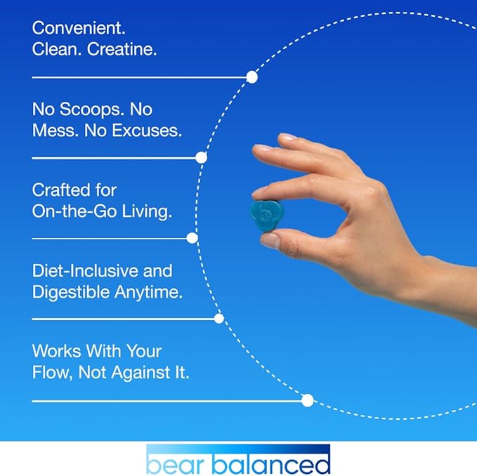 Bear Balanced Creatine Gummies for Men & Women - Creapure® Creatine Monohydrate, L-Theanine, L-Tyrosine & B12 for Muscle Growth, Strength, Focus, Energy & Health - Low Calorie, Sugar-Free, & Vegan