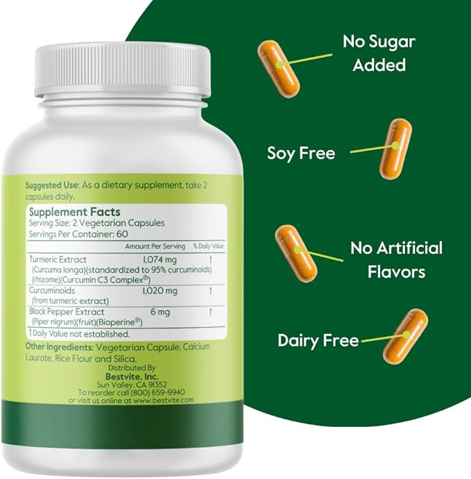 BESTVITE Curcumin 510mg (Turmeric)(120 Vegetarian Capsules) with Curcumin C3 Complex & Bioperine - Standardized to 95% Curcuminoids - No Stearates - Vegan - Non GMO - Gluten Free