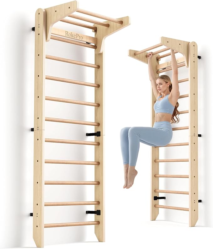 Multi-Function Gymnastics Swedish Ladder,Wall Mounted Wooden Gymnastics Bar,Indoor Home Gym for Kids & Adults