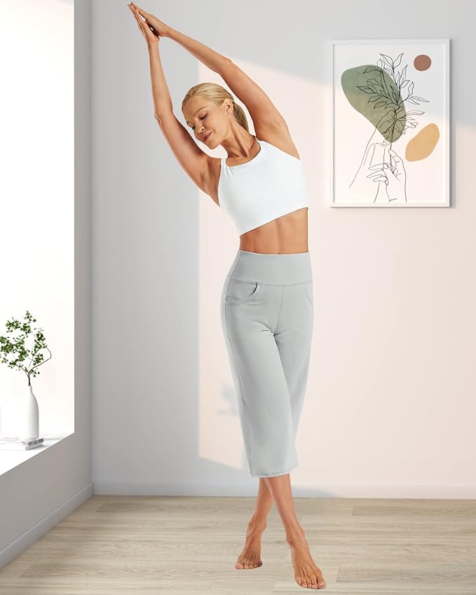 Promover Capri Pants for Women Wide Leg Yoga Cropped Pants with Pockets Loose Casual Summer Pants