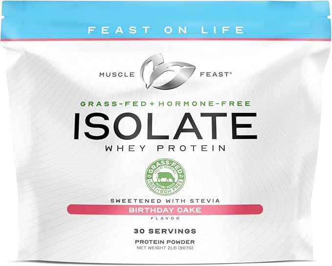 Muscle Feast Grass-Fed Whey Protein Isolate, All Natural Hormone Free Pasture Raised, Whey Isolate Protein Powder for Men and Women, Clean, Gluten-Free, Delicious Isolate Protein - Bithday Cake, 2lb