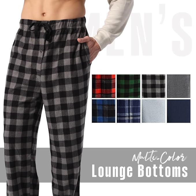 3 Pack Men's Fleece Pajama Pants Bottoms– Lounge Sleepwear Plaid PJs with Pockets and Button Fly
