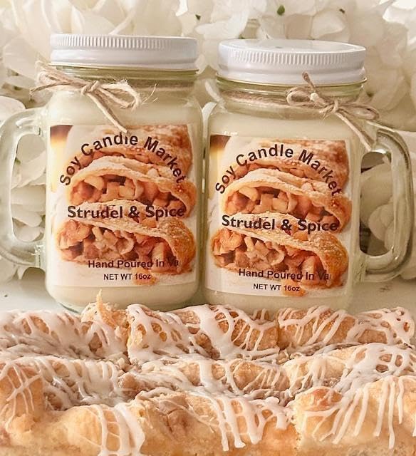 Soy Scented Candles | Handmade & Highly Aromatic Candles Burns Upto 85 Hours in Glass Jar - Perfect for Home Decor, Wedding, Birthday, Dinner (Strudel & Spice, 16 oz)