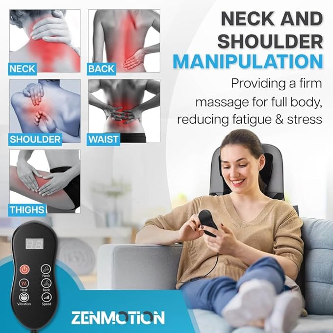 Full Back Massager with Heat-Shiatsu Massage Chair Pad - 12-Point Shiatsu Back Massager for Chair with Height Adjustable Neck Massaging - Home Office Travel Kneading Massage Pads for Chairs