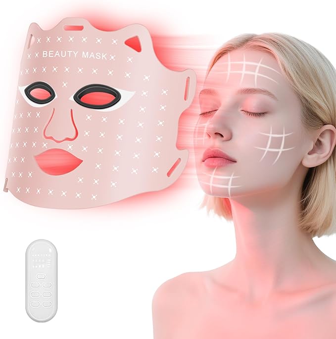 Red Light Therapy for Face, Portable Led Face Mask Light Therapy with Rechargeable Remote, 7+1 Color Near-Infrared Red Light (NIR), Red Light Therapy at Home (Pink)