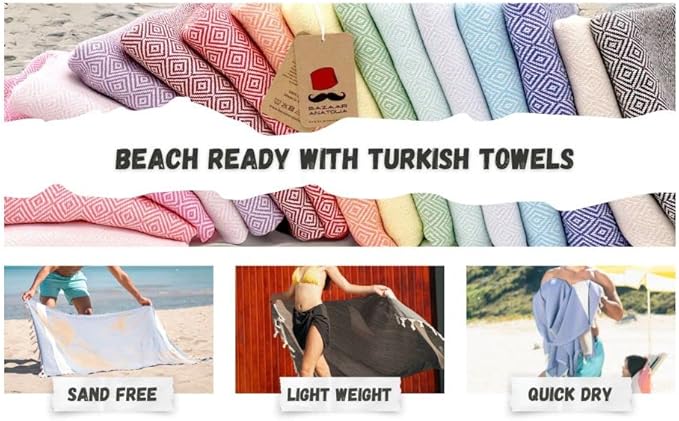 Bazaar Anatolia Turkish Beach Towel – 100% Cotton, Quick Dry, Sand Free Towel for Bathroom, Camping, Travel – Oversized 71x39 Inches – Diamond Red