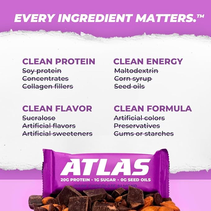 Atlas Protein Bar, 20g Protein, 1g Sugar, 0g Seed Oils, Clean Ingredients, Gluten Free - Dark Chocolate Almond, 12 Count