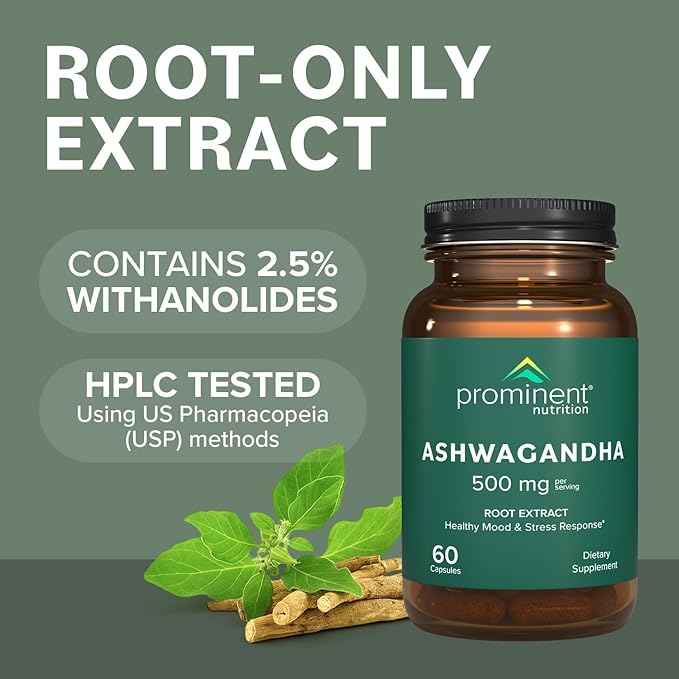 Prominent Nutrition Ashwagandha Supplement - Clinically Researched Shagandha Root Extract for Healthy Mood & Stress Support, Standardized to 2.5% Withanolides, 500 mg, 60 Vegan Capsules - 2 Pack