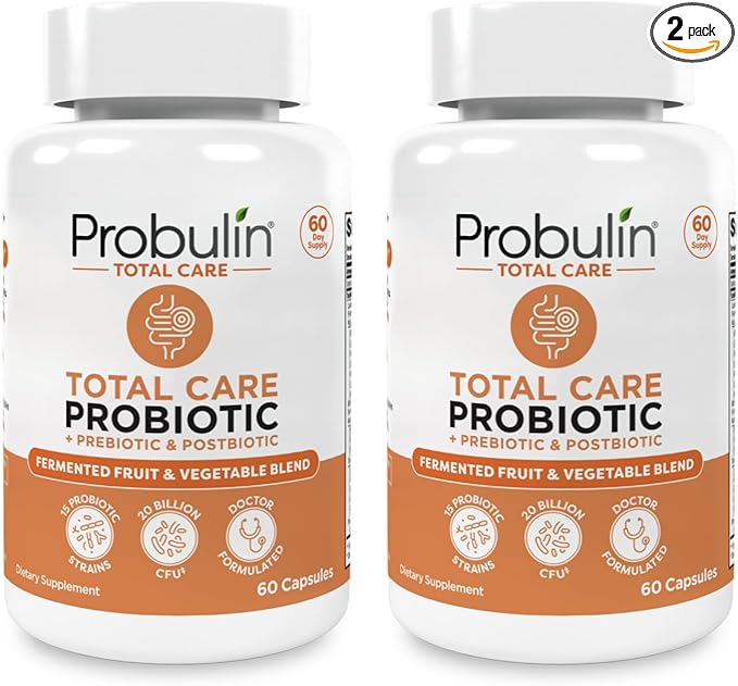 Probulin Total Care Pre + Pro + Postbiotic, 20 Billion CFU, 60 Vegan Capsules (Pack of 2)