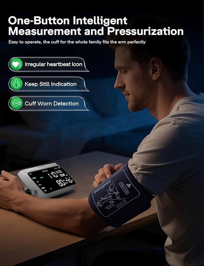 Medisana Cordless Arm Blood Pressure Monitor, Bluetooth Smart Blood Pressure Monitors for Home Use with App Tracking, Blood Pressure Machine with LED Color Dual-Display, Extra-Large Adult Cuff