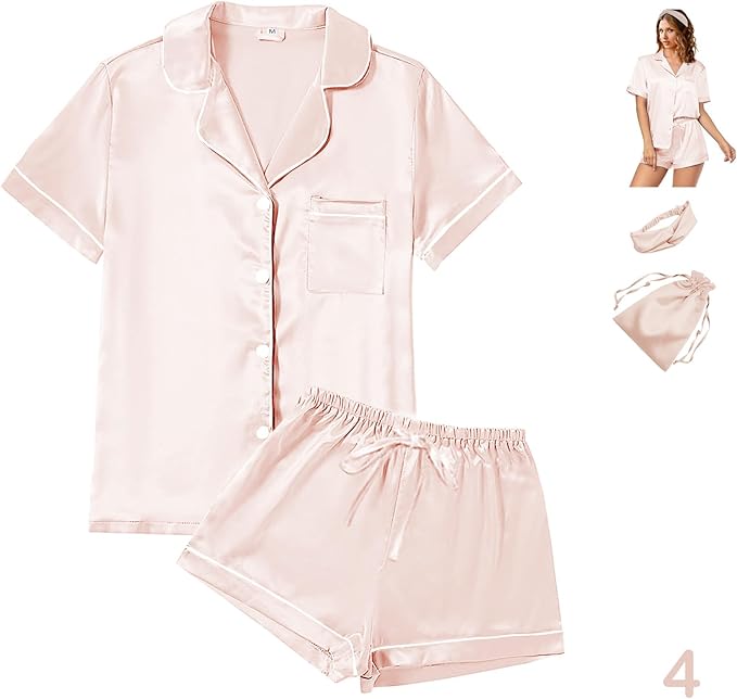 4Pcs Womens Satin Silky Pajama Sets Short Sleeve Shirt XS-4XL Floral Pajamas Set Soft PJ Loungewear Sleepwear