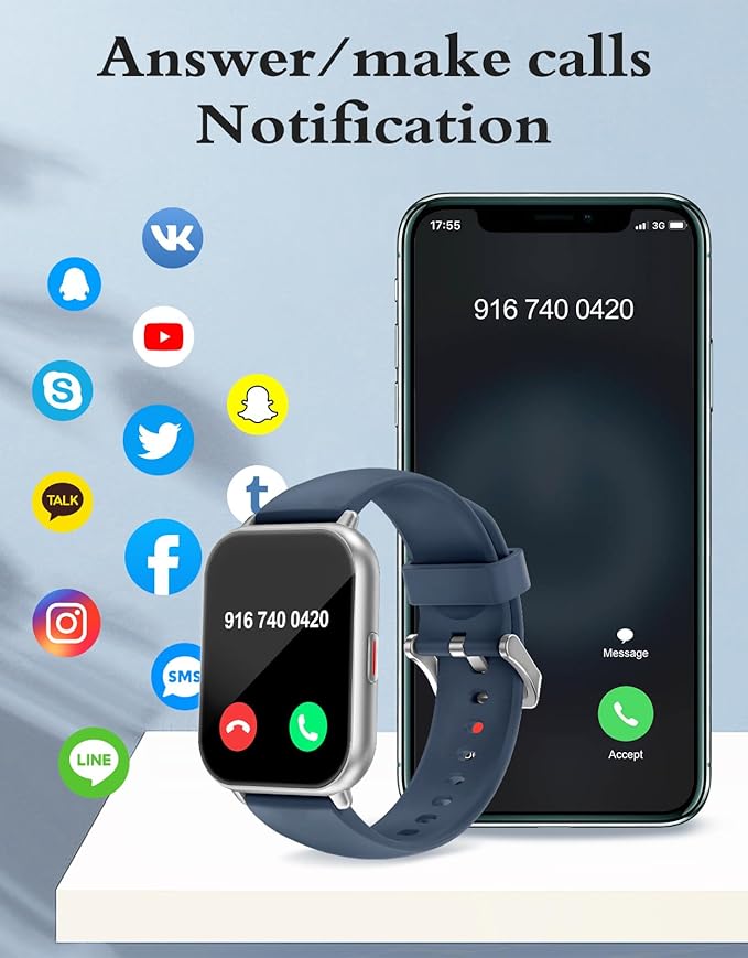 RUIMEN Smart Watches for Men Women (Answer/Make Calls, 2 Bands Included), 1.8" Smartwatch for iOS/Android Phones, Fitness Tracker Heart Rate/Sleep Monitor Digital Watch Waterproof Blue