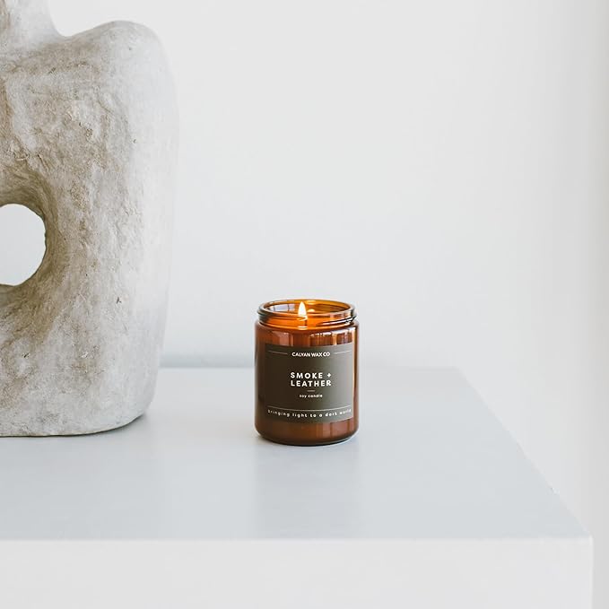Calyan Wax Co. Soy Wax Candle, Smoke + Leather Scented Candle, 57 Hour Burn Time, Aromatherapy Soy Candles, Non Toxic & Vegan Soy Wax, Amber Glass Jar Scented Candles, 7.2oz