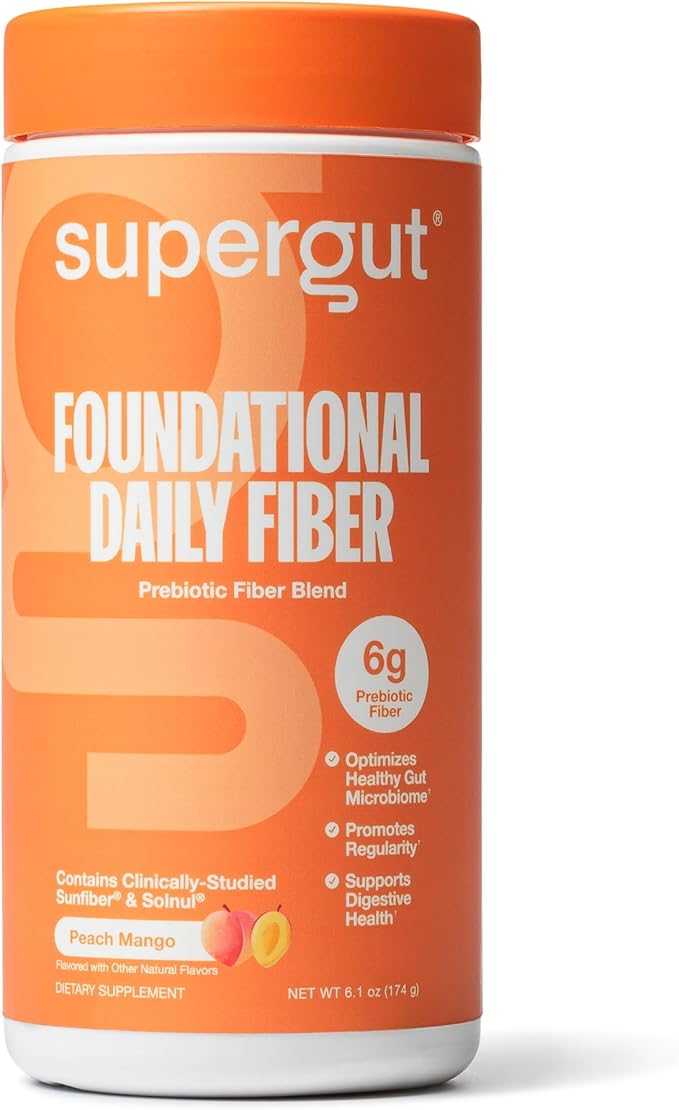 Supergut Foundational Daily Fiber Powder, Sugar Free & Vegan Prebiotic Fiber Blend for Gut Health & Digestive Support, Supplement for Men & Women with Solnul & Sunfiber, Peach Mango, 18 Servings
