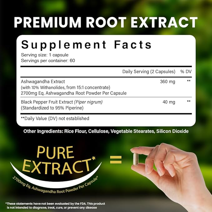 NooMost Organic Ashwagandha Capsules w/Black Pepper Extract as Vegan Ashwagandha Supplements for Anti Stress Relief, Natural Mood Support, Energy & Focus-60 Capsules