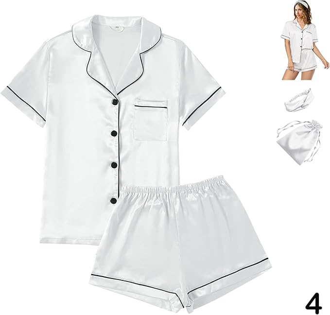 4Pcs Womens Satin Silky Pajama Sets Short Sleeve Shirt XS-4XL Floral Pajamas Set Soft PJ Loungewear Sleepwear