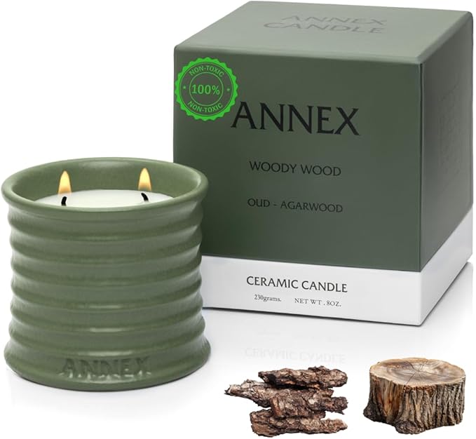 Scented Luxury Candles in Handmade Ceramic Jars, Soy Wax | Woody Wood โ Oud & Agarwood, Large Candle | Non Toxic, 2 Wicks, Reusable Big Olive Green Jar | Natural Spring Aromatherapy for Women & Men
