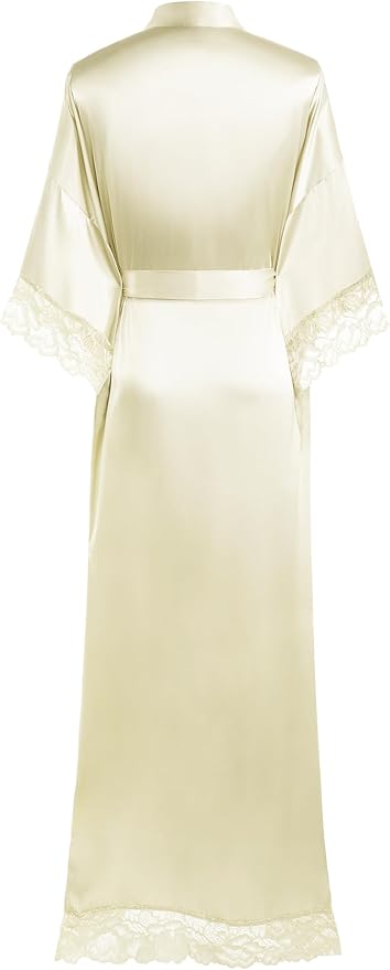 BABEYOND Satin Kimono Robe Silky Long Bridesmaid Wedding Lightweight Bath Robe with Lace Trim