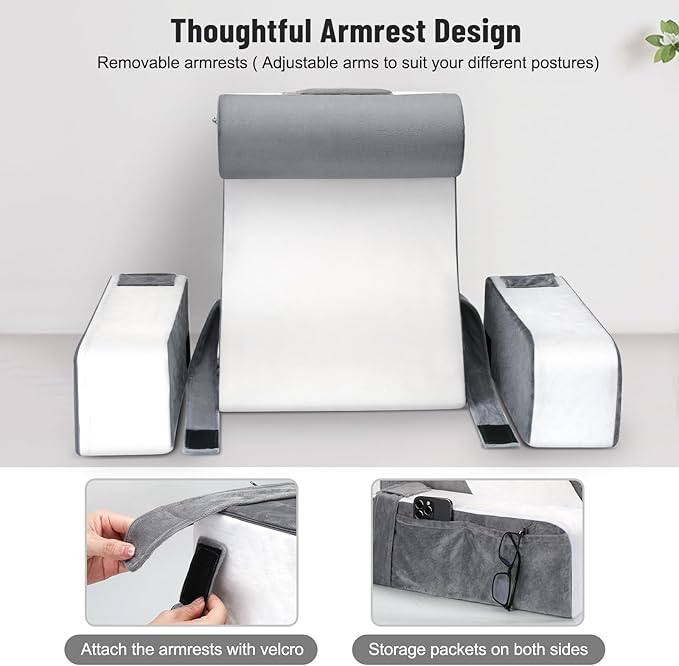 Reading Pillow for Sitting in Bed Adult, Back Pillow for Bed Sitting Up, Full Support for Comfort Solid Foam Chair with Arms Rest and Head Rest Pillow for Watching TV/Reading -19in (Grey & White)
