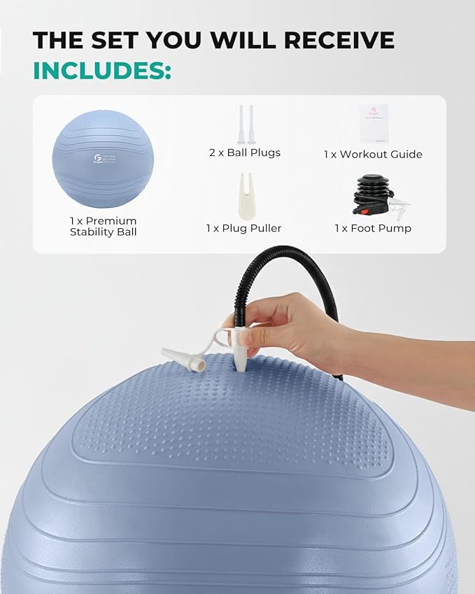 Gruper Yoga Ball, Extra Thick Exercise Ball for Workout Pregnancy Stability - 4 Sizes Anti Burst Balance Ball for Yoga, Pilates, Fitness, Birthing, Physical Therapy - Includes Pump