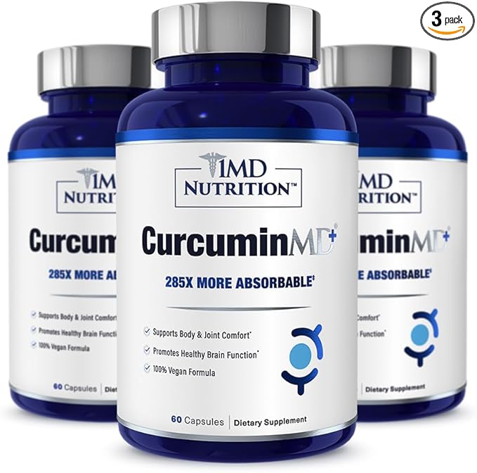 1MD Nutrition CurcuminMD Plus - Turmeric Curcumin with Boswellia Serrata - 285x More Absorbable | Joint Stiffness, Muscle Recovery, and Mood Support | 180 Capsules (3-Pack)