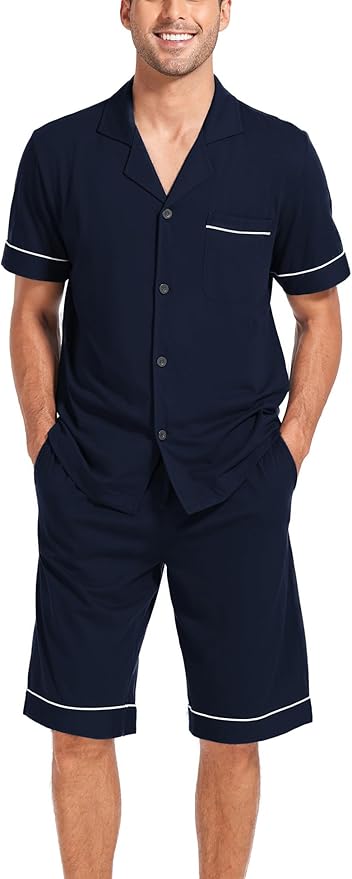 COLORFULLEAF Men's 100% Cotton Short Sleeve Pajama Sets Button Down Notched Collar Sleepwear Soft Lounge Pjs with Pockets