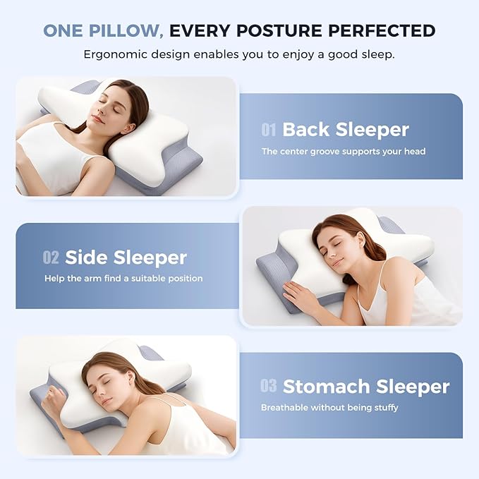 Cervical Neck Pillow, Memory Foam Pillows for Neck and Shoulder Pain Relief, 2 Heights Ergonomic Pillow with Breathable Ice Silk Cover, Neck Support Pillow for Side Back Stomach Sleepers, Odorless