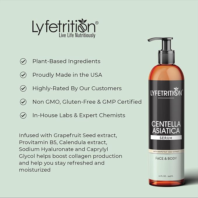 Lyfetrition Centella Asiatica Cica Serum - 12 Fl Oz Large Bottle - Anti-Aging Face Serum for Sensitive Skin Cream - Boosts Collagen Production Younger Skin