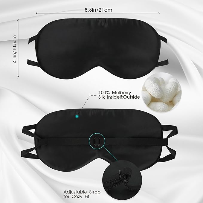 Adjustable Silk Sleeping Mask for Travel/Plane/Side Sleeper Pure Mulberry Silk Eye Mask for Sleep/Men/Women/Adults Thin Cooling Eye Cover,Black