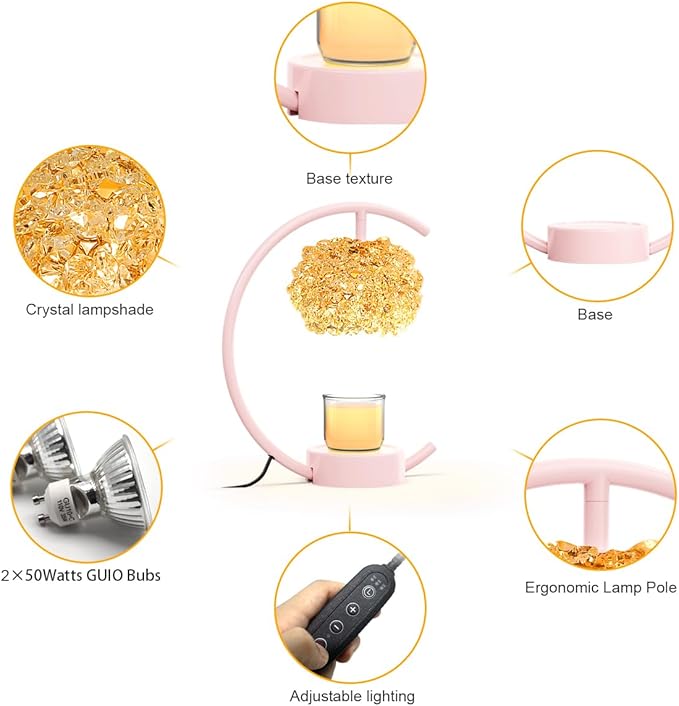 Pink Candle Warmer Lamp for Jar Candles with Adjustable Brightness&Timer,Handcrafted Crystal&Wooden Base,Candle Lamp Luxurious Design+2Bulbs,Home Decoration Electric Candle lamp(C-Shaped)