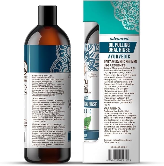 GuruNanda Advanced Oil Pulling Mouthwash for Enhanced Oral Care with Sesame & Oregano Oil, Promotes Deep Cleaning for Healthy Teeth & Gums, with Toothbrush and Tongue Scraper, Alcohol-Free, 8 Oz