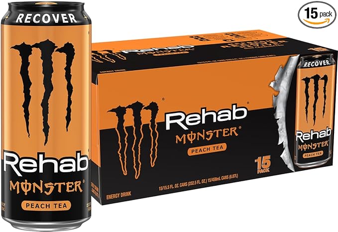 Monster Energy Rehab Peach Tea + Energy, Energy Iced Tea, Energy Drink, 15.5 Ounce (Pack of 15)